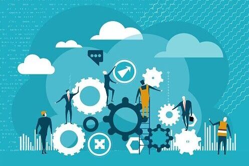 Business people working with gears. Work together.